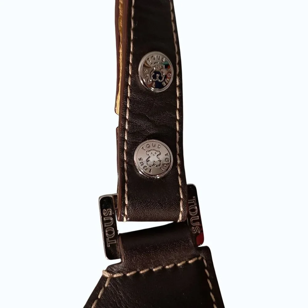 Tous Hobo Shoulder Bag Brown Yellow Leather Silver Logo